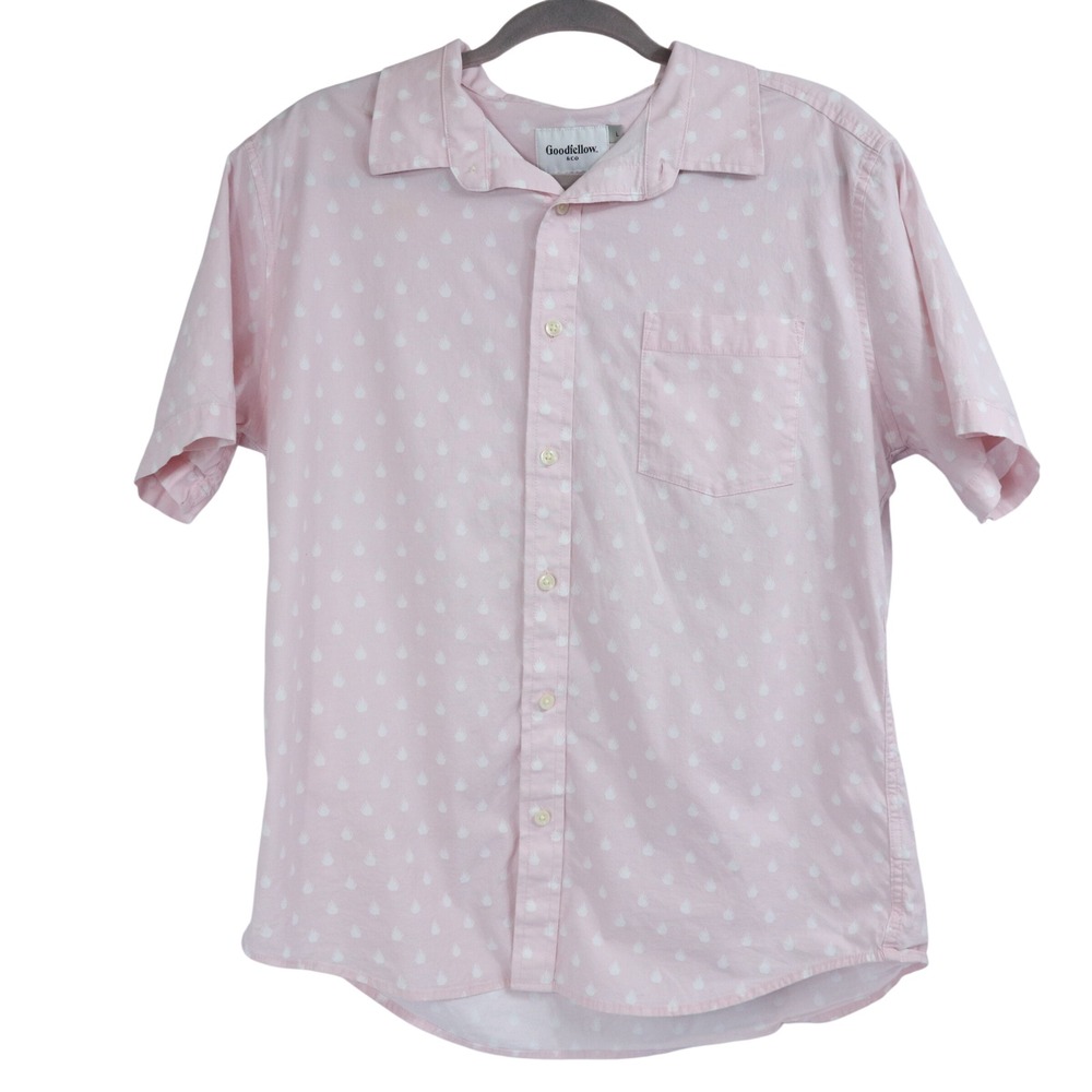 Goodfellow & Co Pink Poplin Button Down Short Sleeve Shirt White Print‎ Mens L